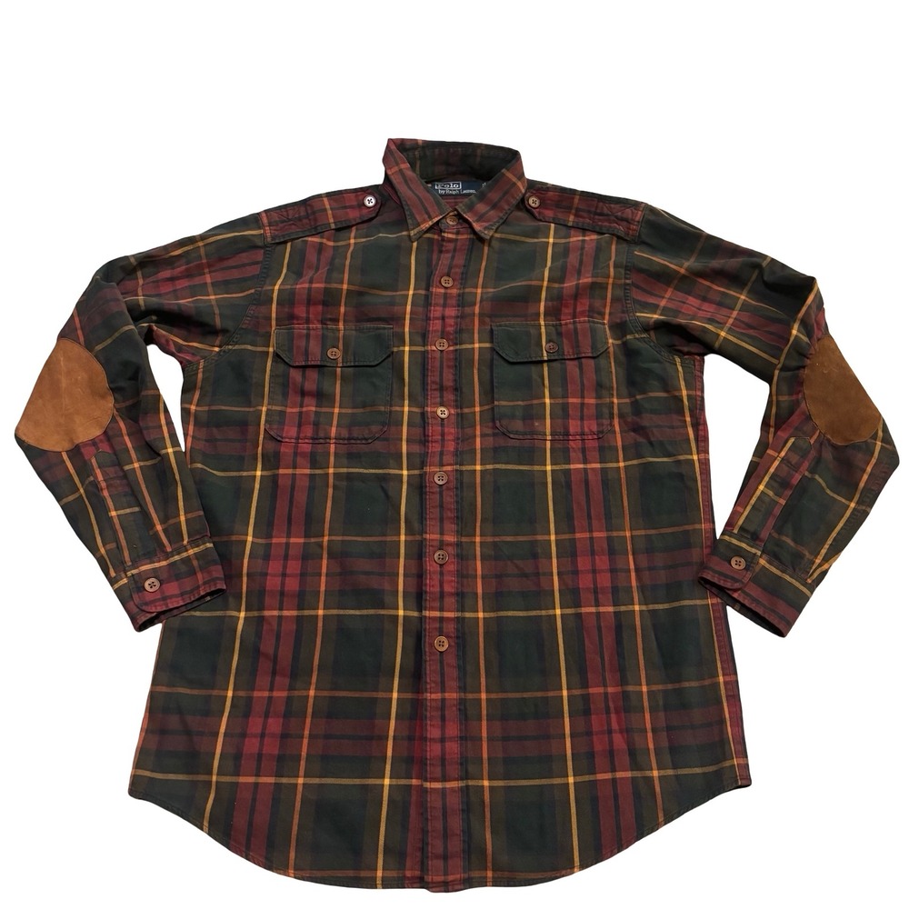 Polo Ralph Lauren Mens Plaid Button Down Shirt Elbow Patches Epaulettes Green M